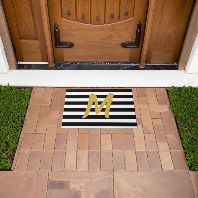 Elegant Black and White Stripes Gold Monogram Doormat (Outdoor)
