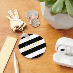 Elegant Black and White Stripes Gold Name Script Key Ring