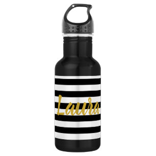 Elegant Black and White Stripes Gold Script Name 532 Ml Water Bottle