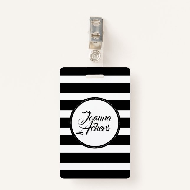 Elegant Black And White Stripes ID Badge (Front with Clip)