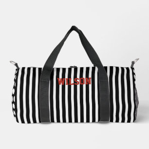 Elegant black and white stripes monogram name duffle bag