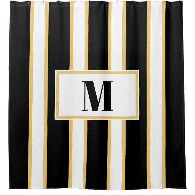 Elegant Black and White Stripes Monogram Shower Curtain (Front)