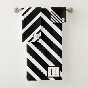Elegant Black and white stripes Monogrammed Bath Towel Set