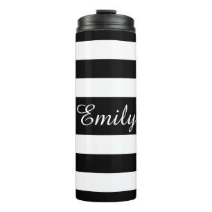 Elegant Black And White Stripes Name Thermal Tumbler