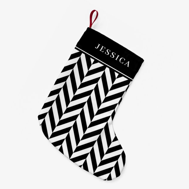 Elegant Black And White Stripes Pattern Name Small Christmas Stocking (Front (Hanging))