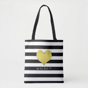 Elegant Black And White Stripes Pattern Name Tote Bag