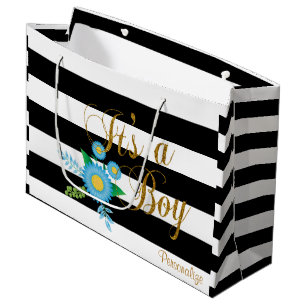 Elegant Black and White Stripes With Blue Floral Large Gift Bag