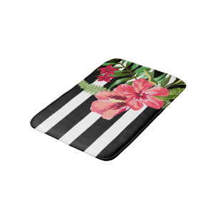 Elegant Black And White Stripes With Flowers Bath Mat