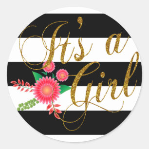 Elegant Black and White Stripes With Pink Floral Classic Round Sticker