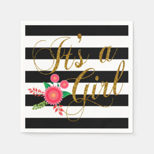 Elegant Black and White Stripes With Pink Floral Napkin
