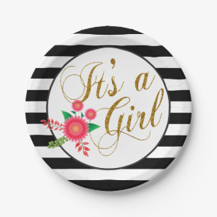 Elegant Black and White Stripes With Pink Floral Paper Plate