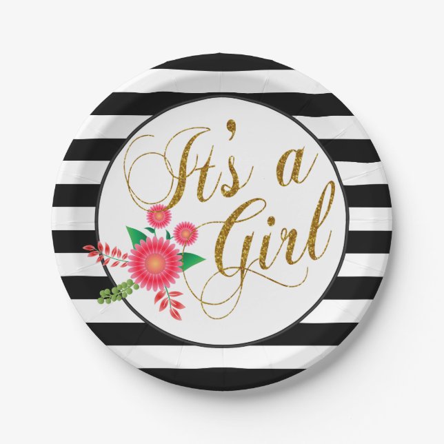 Elegant Black and White Stripes With Pink Floral Paper Plate (Front)