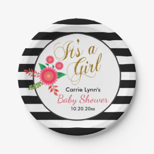 Elegant Black and White Stripes With Pink Floral Paper Plate