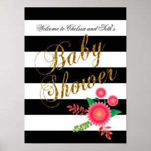 Elegant Black and White Stripes With Pink Floral Poster