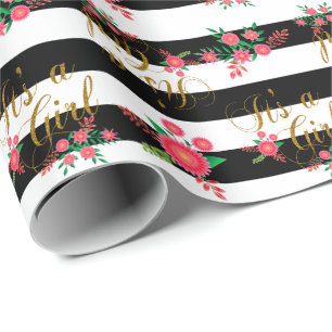 Elegant Black and White Stripes With Pink Floral Wrapping Paper