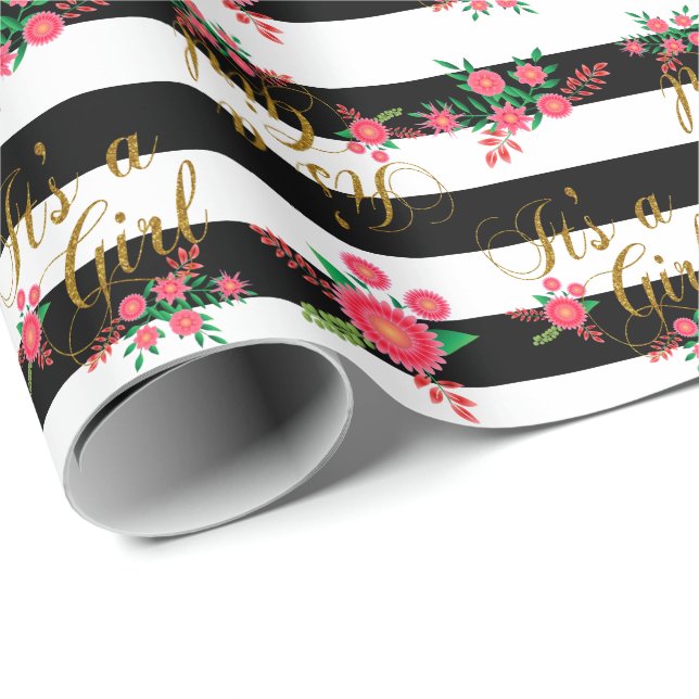 Elegant Black and White Stripes With Pink Floral Wrapping Paper (Roll Corner)