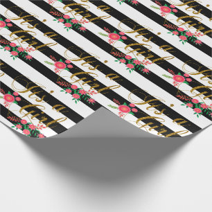 Elegant Black and White Stripes With Pink Floral Wrapping Paper