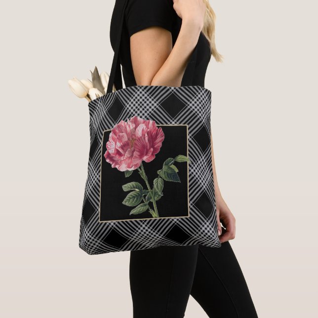 Elegant black and white stripes with pink Flower Tote Bag (Close Up)