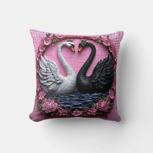 Elegant Black and White Swans with Crown Cushion