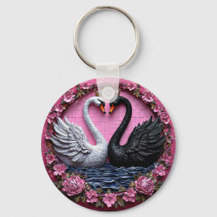 Elegant Black and White Swans with Crown Key Ring