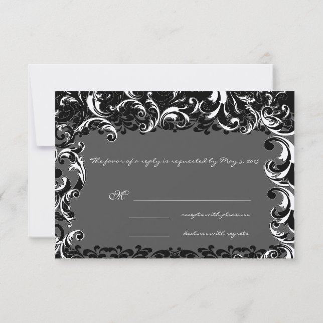 Elegant Black and White Swirl Wedding  RSVP Card (Back)