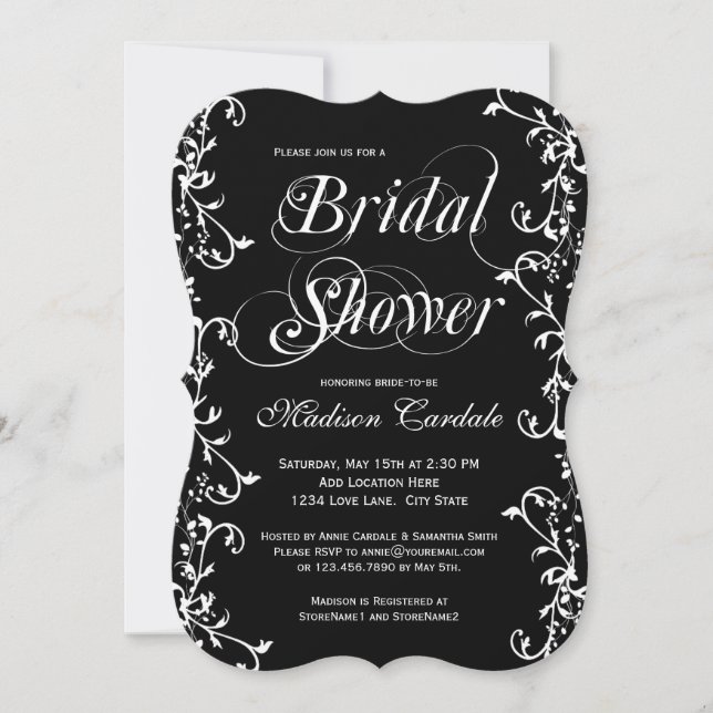 Elegant Black and White Swirls Bridal Shower Invitation (Front)