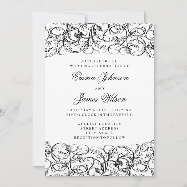 Elegant black and white swirls wedding invitation (Front)