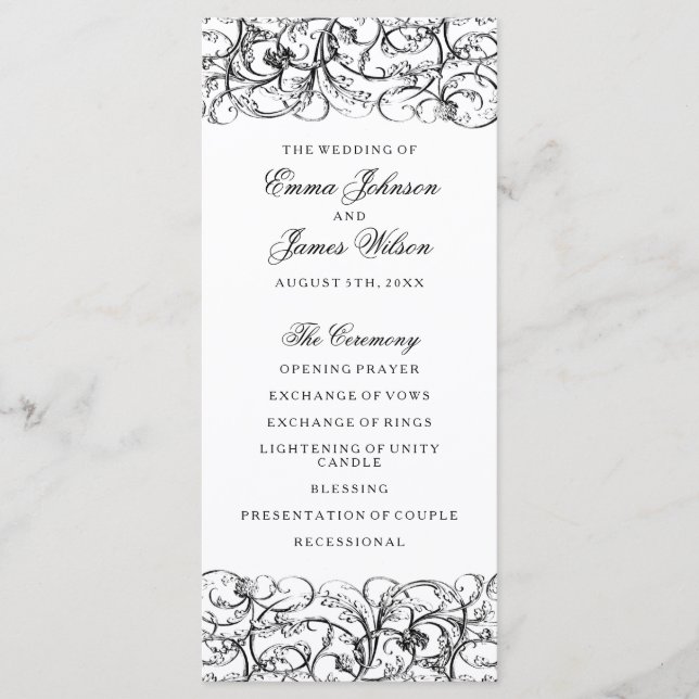 Elegant black and white swirls wedding program programme (Front)