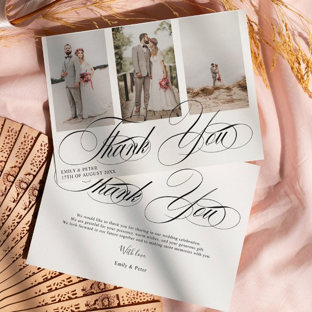 Elegant black and white thank you 3 photo wedding  card (Elegant black and white thank you 3 photo wedding)