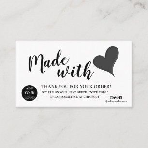 Elegant Black and white thank you made with love  Business Card