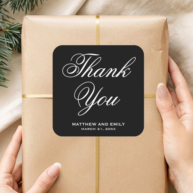 Elegant Black and White Thank You Wedding Favour Square Sticker (Creator Uploaded)