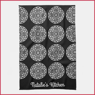Elegant Black and White Tile  Tea Towel