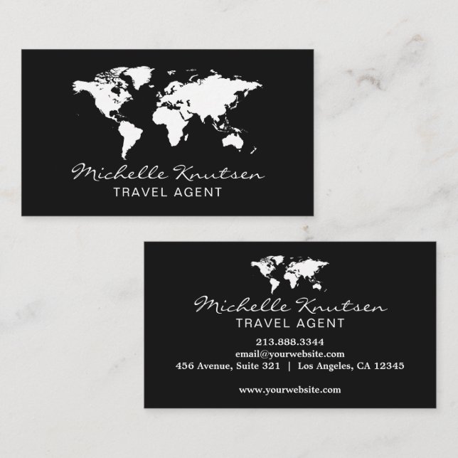 Elegant Black and White Travel Agent World Map     Business Card (Front/Back)