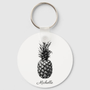 Elegant black and white Tropical Pineapple Custom Key Ring