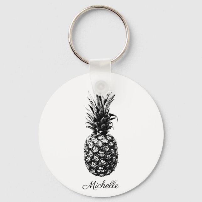 Elegant black and white Tropical  Pineapple Custom Key Ring (Front)