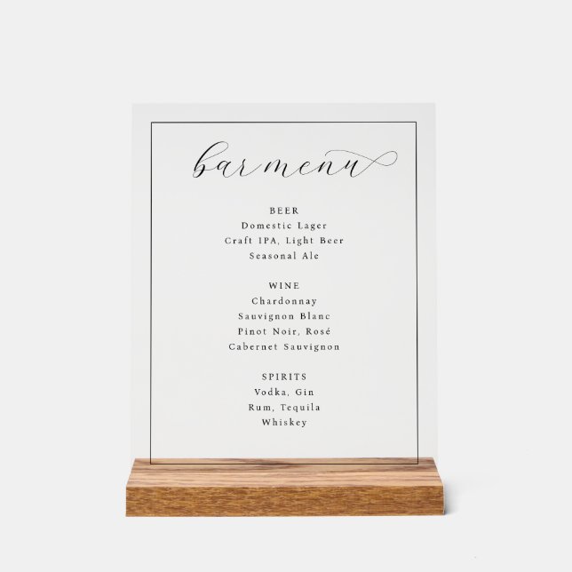Elegant Black and White Typographic Bar Menu Acrylic Sign (Front)