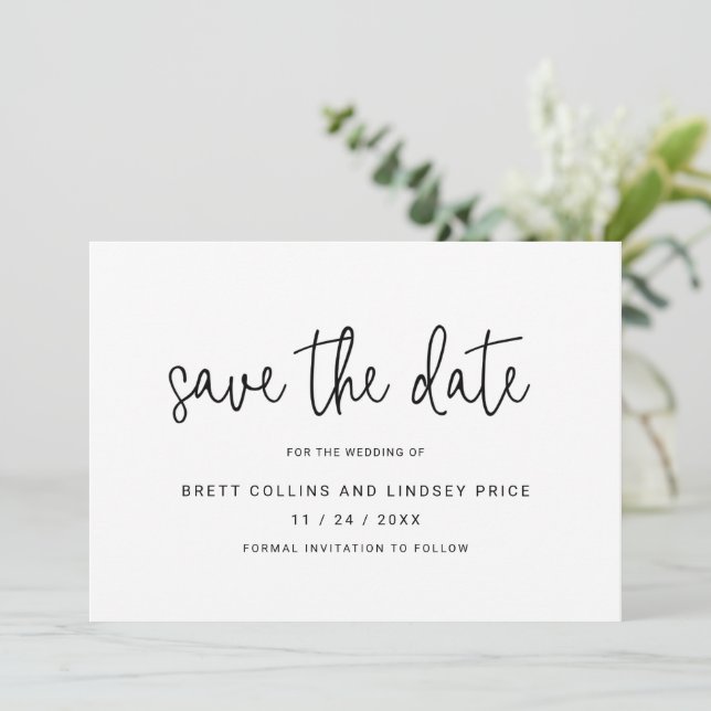 Elegant Black and White Typography Modern Wedding Save The Date (Standing Front)