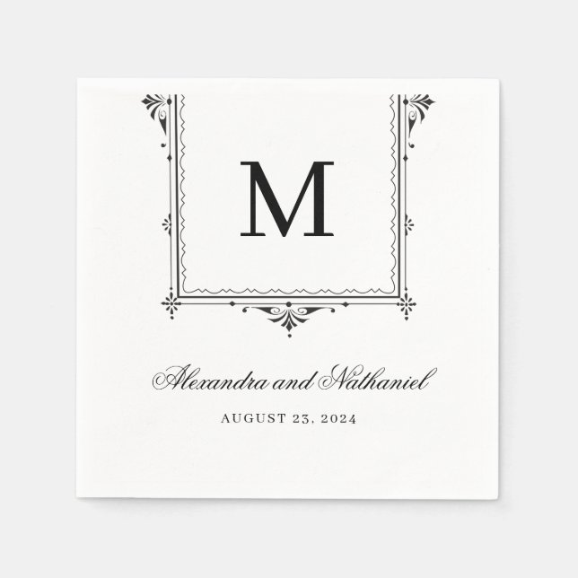 Elegant Black and White Vintage Monogram Wedding Napkin (Front)