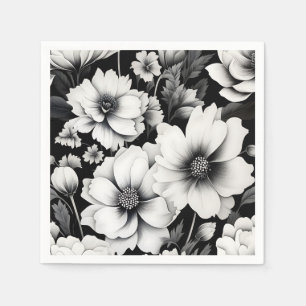 Elegant Black and White Watercolor Floral  Napkin