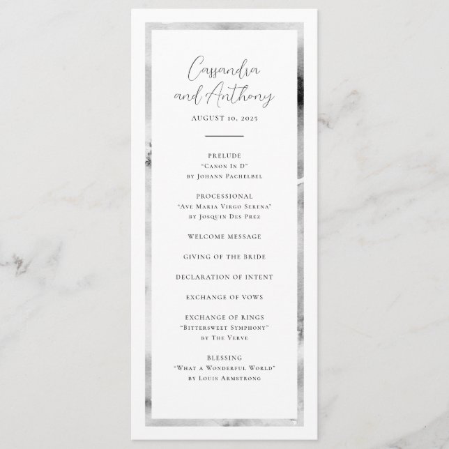 Elegant Black and White Watercolor Marble Wedding Programme (Front)