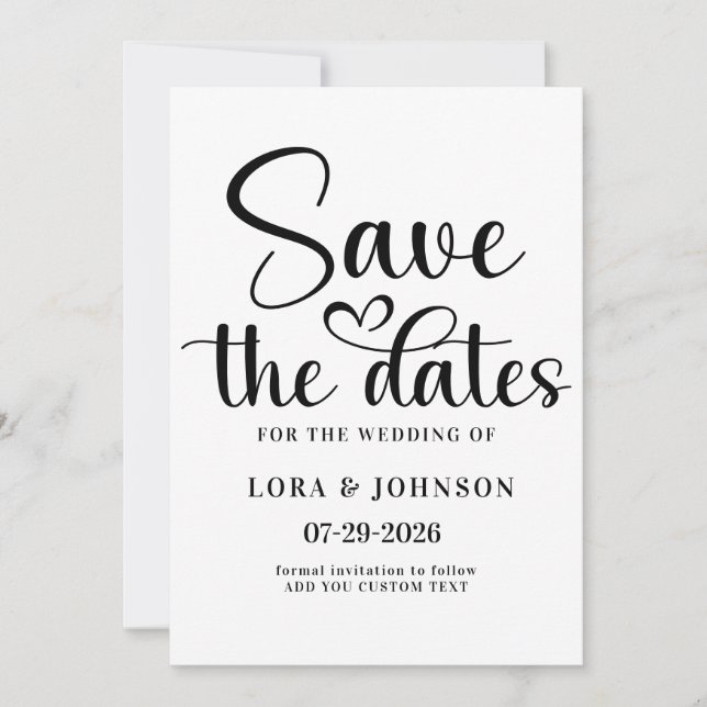 Elegant black and white wedding Calligraphy Save The Date (Front)