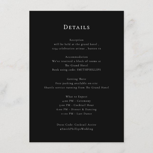 Elegant Black and White Wedding Details Card (Front)
