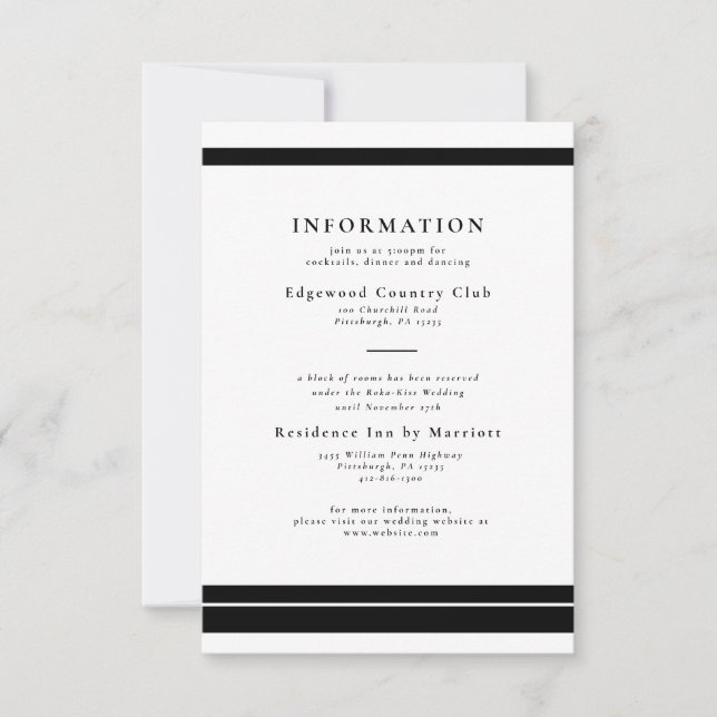 Elegant Black and White Wedding Details Card (Front)