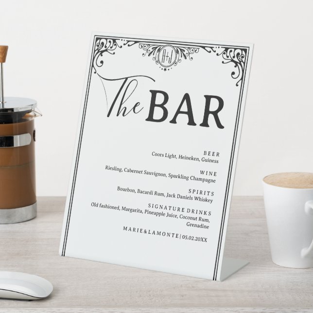 Elegant Black and White Wedding Drinks Bar Menu Pedestal Sign (In SItu)