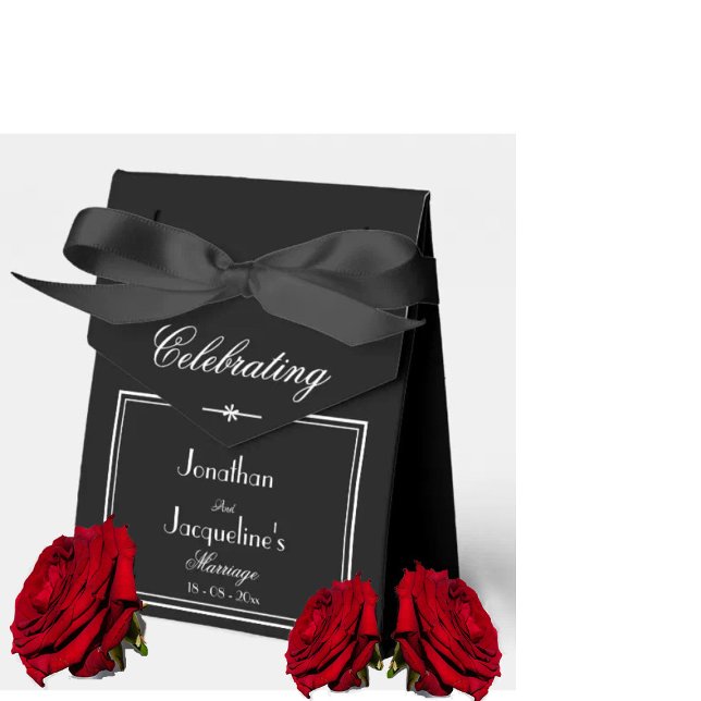 Elegant Black And White Wedding  Favour Box (Simple, elegant black and white modern classic wedding favor box with chic script.)