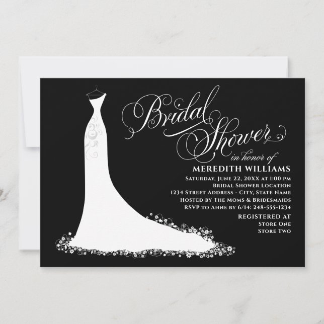 Elegant Black and White Wedding Gown Bridal Shower Invitation (Front)