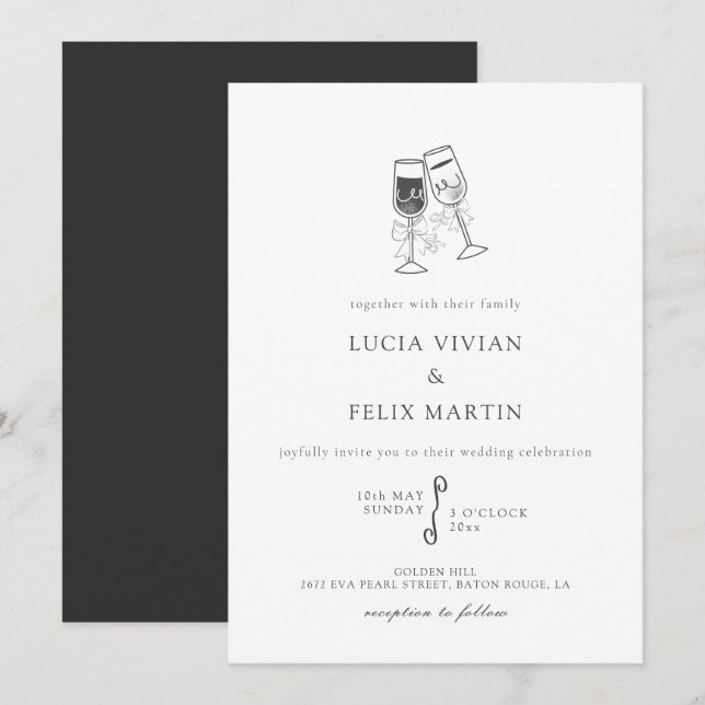 Elegant Black And White Wedding Invitation (Front/Back)