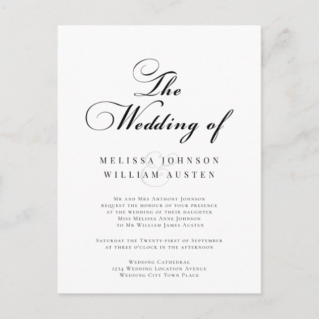 Elegant Black and White Wedding Invitation Postcard (Front)