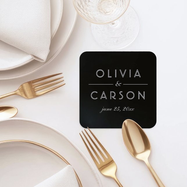 Elegant Black and White Wedding Monogram Square Paper Coaster (Creator Uploaded)