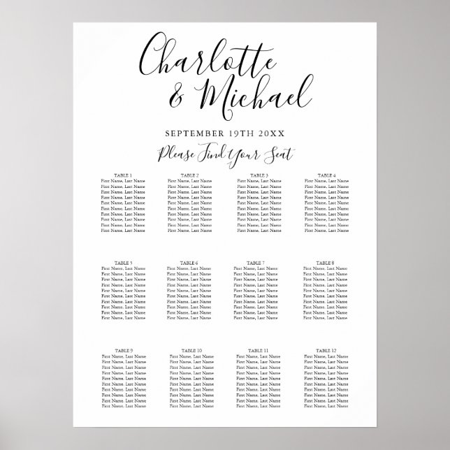 Elegant Black And White Wedding Seating Chart (Front)